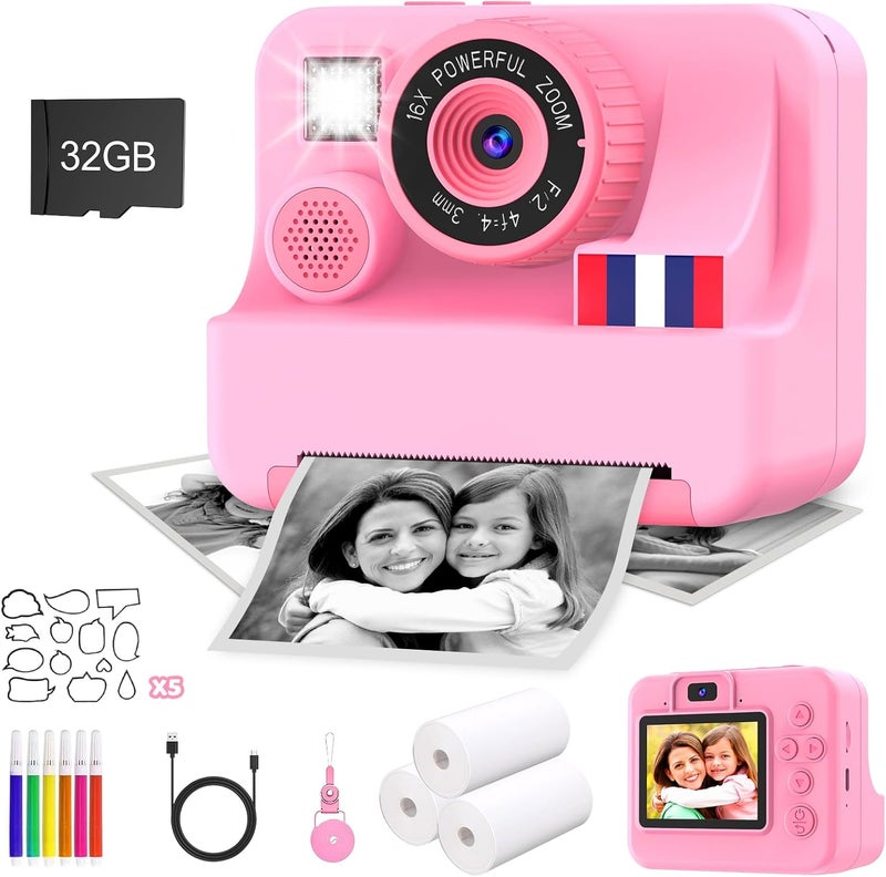 Yosfeng Instant Print Camera for Kids - Christmas Birthday Girls Gifts for Age 3 4 5 6 7 8 9 10 Year Old, 2.4 Inch Screen Kids Instant Camera, Kid Digital Video Cameras Toys with 32 GB SD Card - Image 1